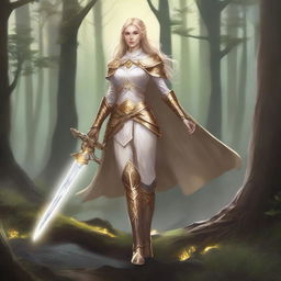 A detailed illustration of a Dungeons & Dragons character, featuring a feminine elf with long blonde hair, wearing cleric armor in gold and white