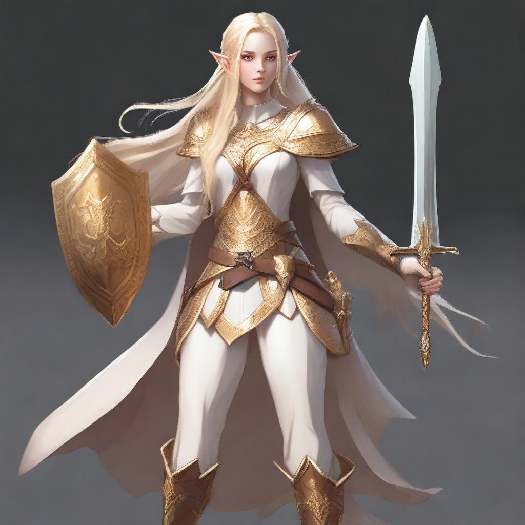 A D&D character with long blonde hair, an elf wearing feminine armor in white and gold