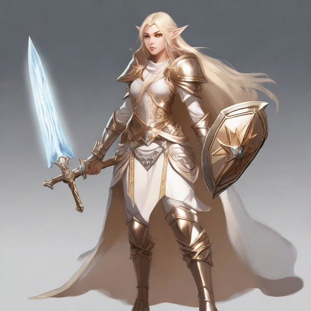 A D&D character with long blonde hair, an elf wearing feminine armor in white and gold