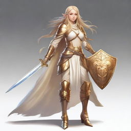 A D&D character with long blonde hair, an elf wearing feminine armor in white and gold