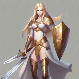 A D&D character with long blonde hair, an elf wearing feminine armor in white and gold