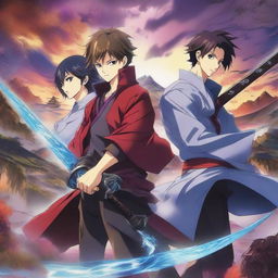 A vibrant and dynamic poster featuring two handsome characters holding a sword