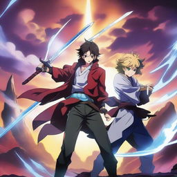 A vibrant and dynamic poster featuring two handsome characters holding a sword