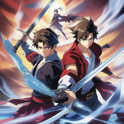 A vibrant and dynamic poster featuring two handsome characters holding a sword