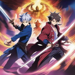 A vibrant and dynamic poster featuring two handsome characters holding a sword