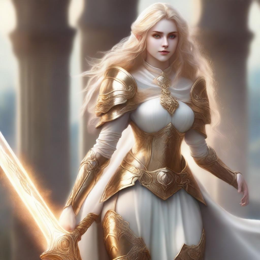 A feminine elf cleric with long curly blonde hair, dressed in white and gold armor