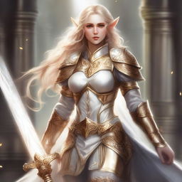 A feminine elf cleric with long curly blonde hair, dressed in white and gold armor