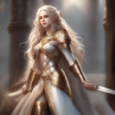 Divine and Holy: A Feminine Elf Cleric in White and Gold Armor