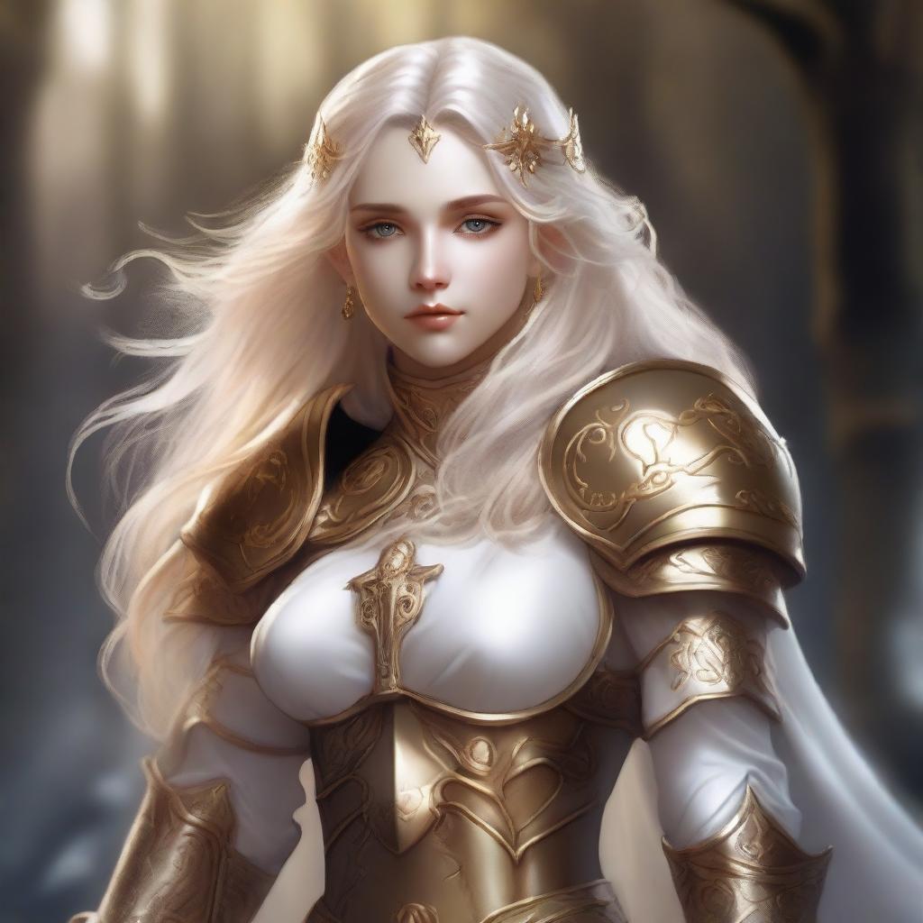 A feminine elf cleric with long curly blonde hair, dressed in white and gold armor