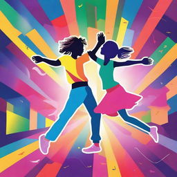 A dynamic scene featuring a boy and a girl dancing energetically