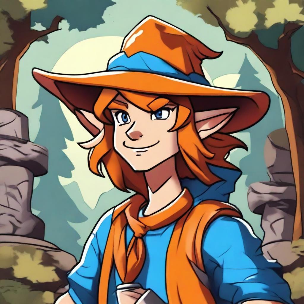 Create an image featuring a cartoon character with an orange hat and a blue shirt in a Dungeons & Dragons style