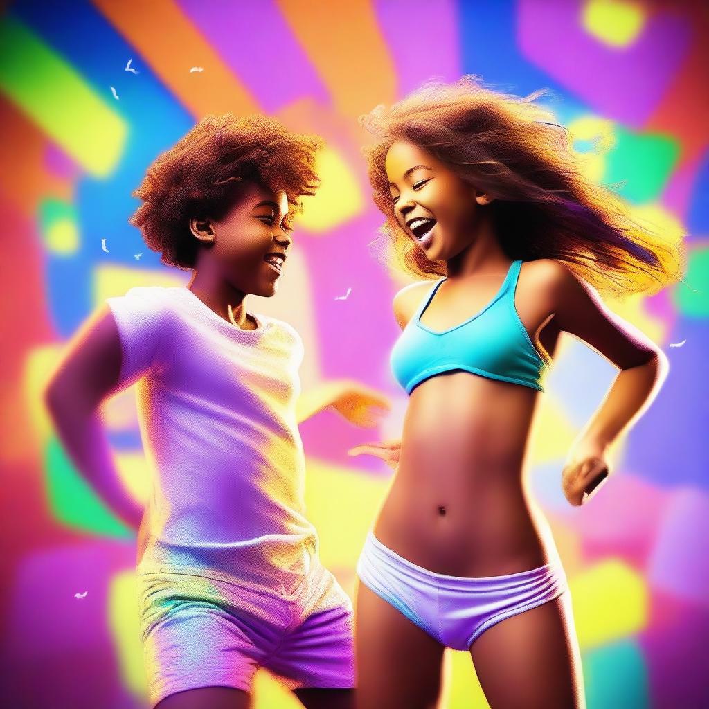 A dynamic scene featuring a boy and a girl dancing energetically in their underwear