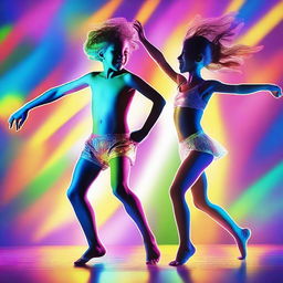 A dynamic scene featuring a boy and a girl dancing energetically in their underwear