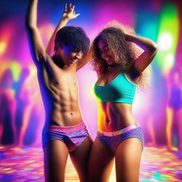 A dynamic scene featuring an 18-year-old boy and an 18-year-old girl dancing energetically in their underwear