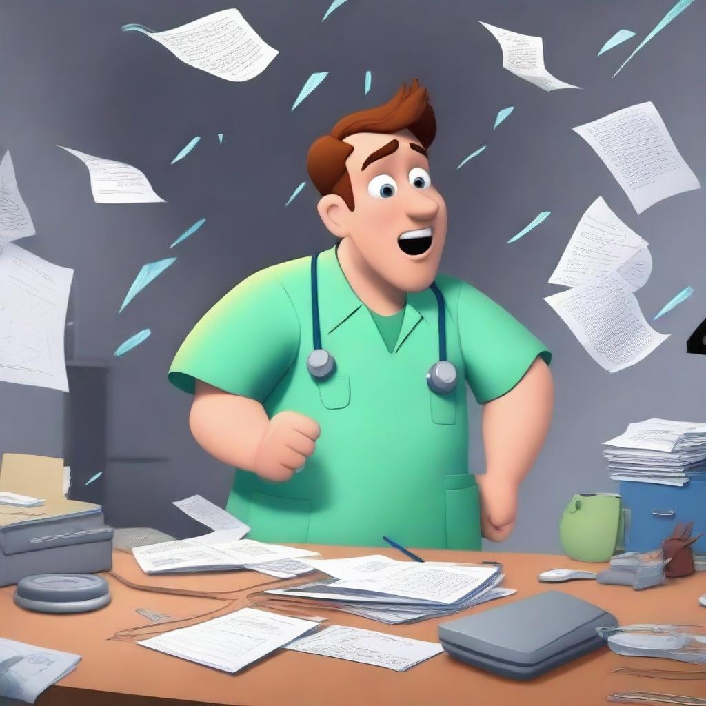 A Pixar-style animated scene of a frustrated man in medical scrubs multitasking in an office