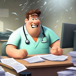 A Pixar-style animated scene of a frustrated man in medical scrubs multitasking in an office