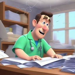 A Pixar-style animated scene of a frustrated man in medical scrubs multitasking in an office