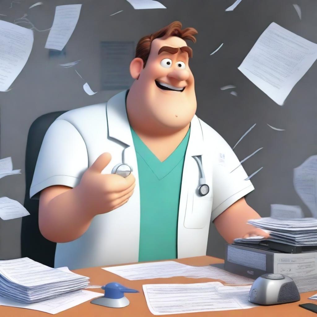 A Pixar-style animated scene of a frustrated man in medical scrubs multitasking in an office