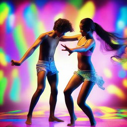 A dynamic scene featuring a 20-year-old boy and a 20-year-old girl dancing energetically in their underwear