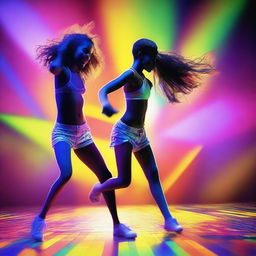 A dynamic scene featuring a 20-year-old boy and a 20-year-old girl dancing energetically in their underwear