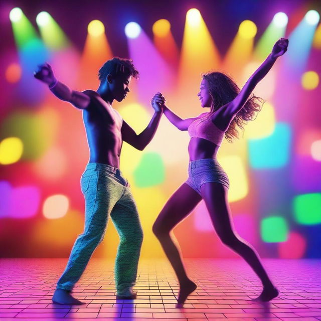 A dynamic scene featuring a 20-year-old boy and a 20-year-old girl dancing energetically in their underwear