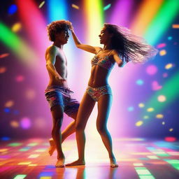 A dynamic scene featuring a 20-year-old boy and a 20-year-old girl dancing energetically in their underwear