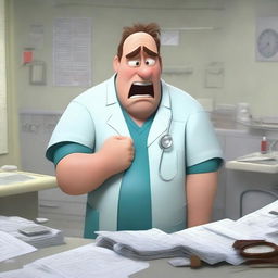 A Pixar-style animated scene of an angry man in medical scrubs multitasking in a hospital