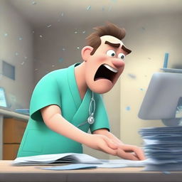 A Pixar-style animated scene of an angry man in medical scrubs multitasking in a hospital