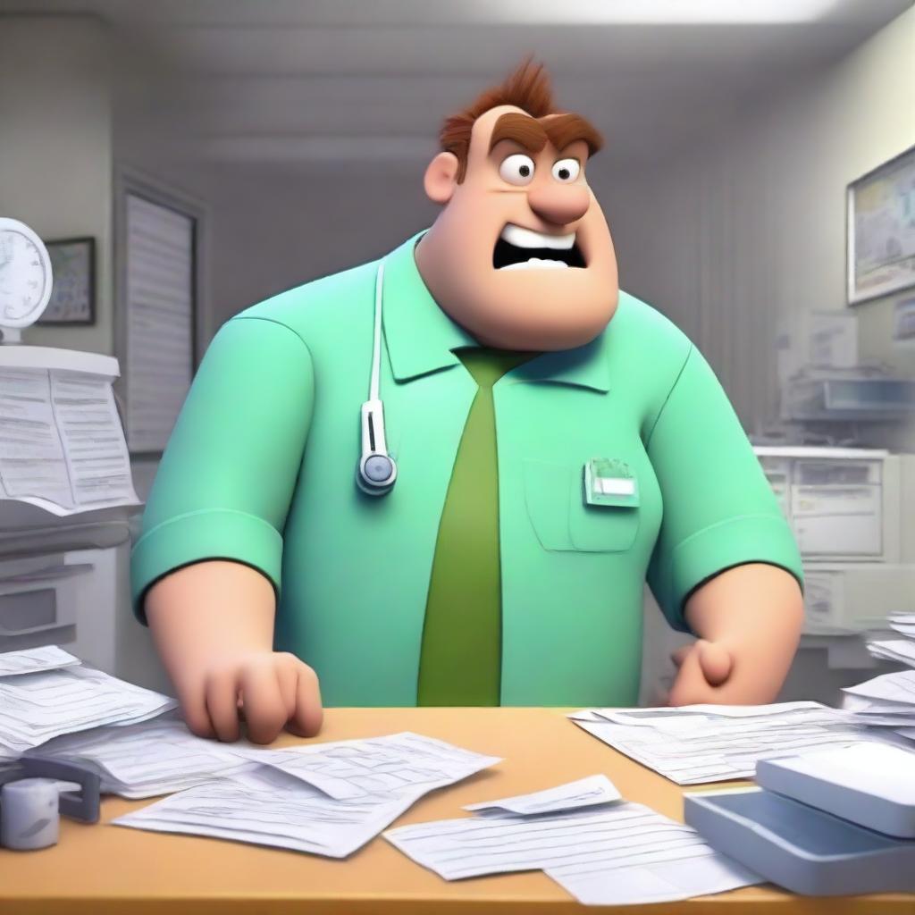 A Pixar-style animated scene of an angry man in medical scrubs multitasking in a hospital