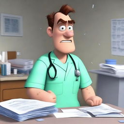 A Pixar-style animated scene of an angry man in medical scrubs multitasking in a hospital