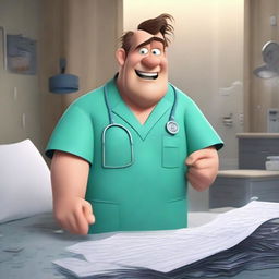 A Pixar-style animated scene of an angry man in medical scrubs multitasking in a hospital