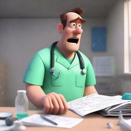 A Pixar-style animated scene of an angry man in medical scrubs multitasking in a hospital