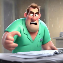 A Pixar-style animated scene of an angry man in medical scrubs multitasking in a hospital