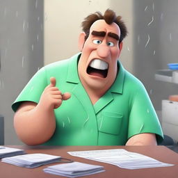 A Pixar-style animated scene of an angry man in medical scrubs multitasking in a hospital