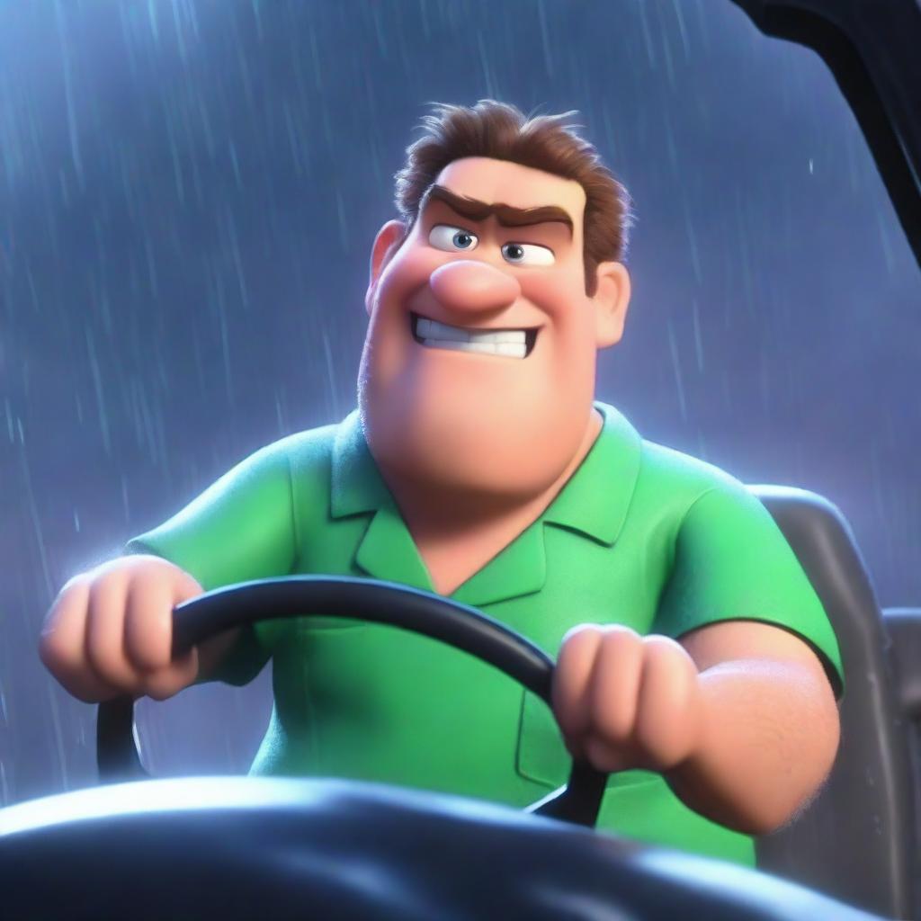 A Pixar-style animated scene of an angry man in medical scrubs driving to work