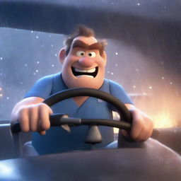 A Pixar-style animated scene of an angry man in medical scrubs driving to work