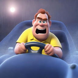 A Pixar-style animated scene of an angry man in medical scrubs driving to work