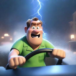 A Pixar-style animated scene of an angry man in medical scrubs driving to work