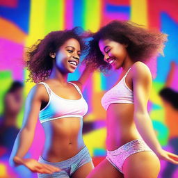 A dynamic scene featuring a 20-year-old boy and a 20-year-old girl dancing energetically in their underwear