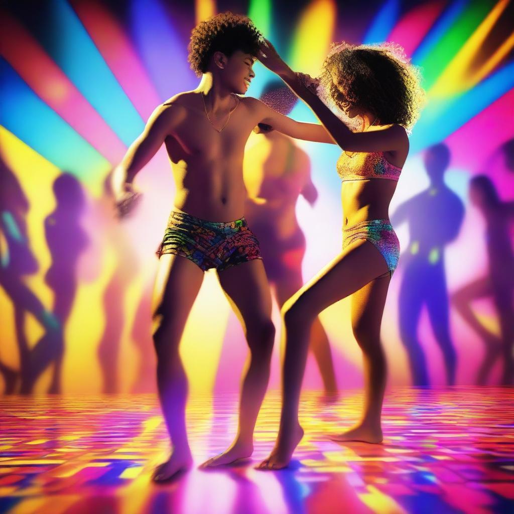 A dynamic scene featuring a 20-year-old boy and a 20-year-old girl dancing energetically in their underwear