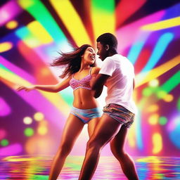 A dynamic scene featuring a 20-year-old boy and a 20-year-old girl dancing energetically in their underwear