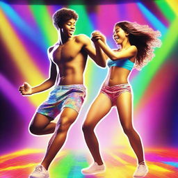 A dynamic scene featuring a 20-year-old boy and a 20-year-old girl dancing energetically in their underwear