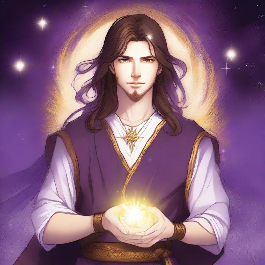 A detailed drawing of a white-skinned teen sorcerer with long brown hair, violet eyes, and a brown beard