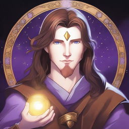 A detailed drawing of a white-skinned teen sorcerer with long brown hair, violet eyes, and a brown beard