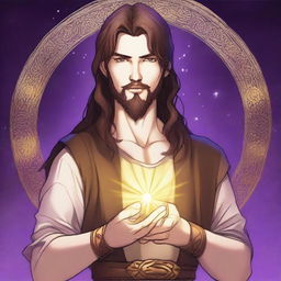 A detailed drawing of a white-skinned teen sorcerer with long brown hair, violet eyes, and a brown beard