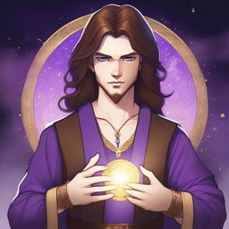 A detailed drawing of a white-skinned teen sorcerer with long brown hair, violet eyes, and a brown beard