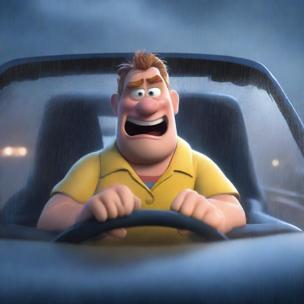 A Pixar-style animated scene of an angry man wearing medical scrubs driving to work