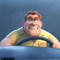 A Pixar-style animated scene of an angry man wearing medical scrubs driving to work