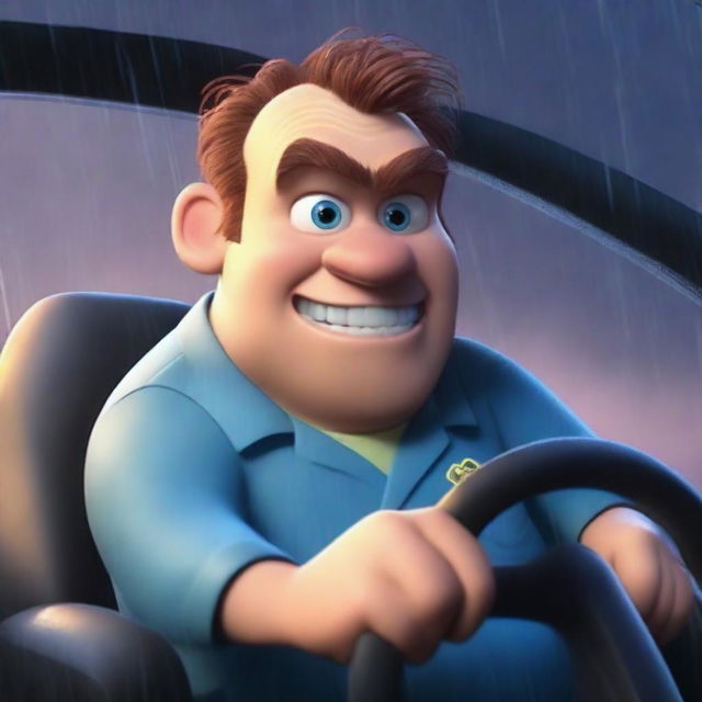 A Pixar-style animated scene of an angry man wearing medical scrubs driving to work