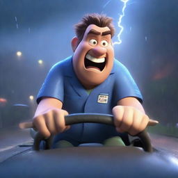 A Pixar-style animated scene of an angry man wearing medical scrubs driving to work